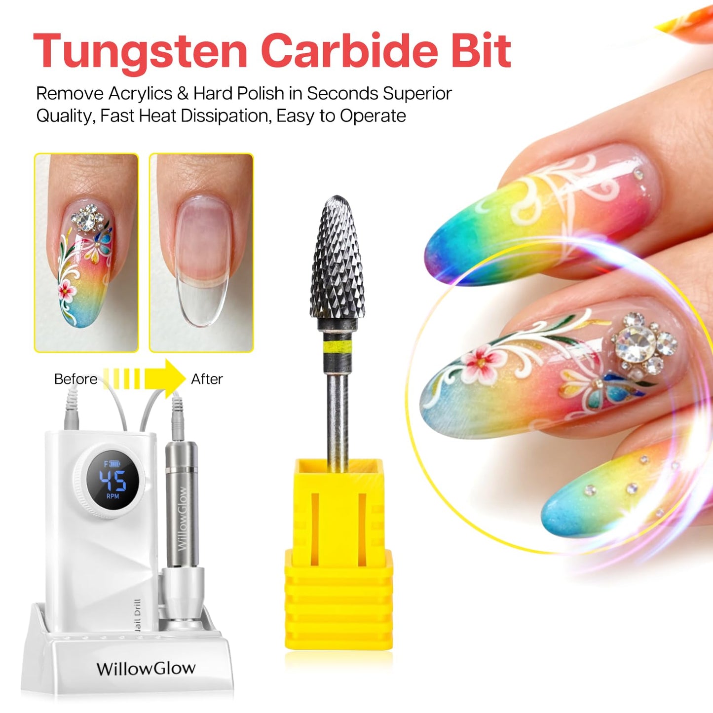 Nail Drill 45000 RPM with Charging Dock, Professional Efile Kit for Acrylic Gel Removal, Electric Nail File Machine with Ceramic & Tungsten Bits, for Home Salon Use