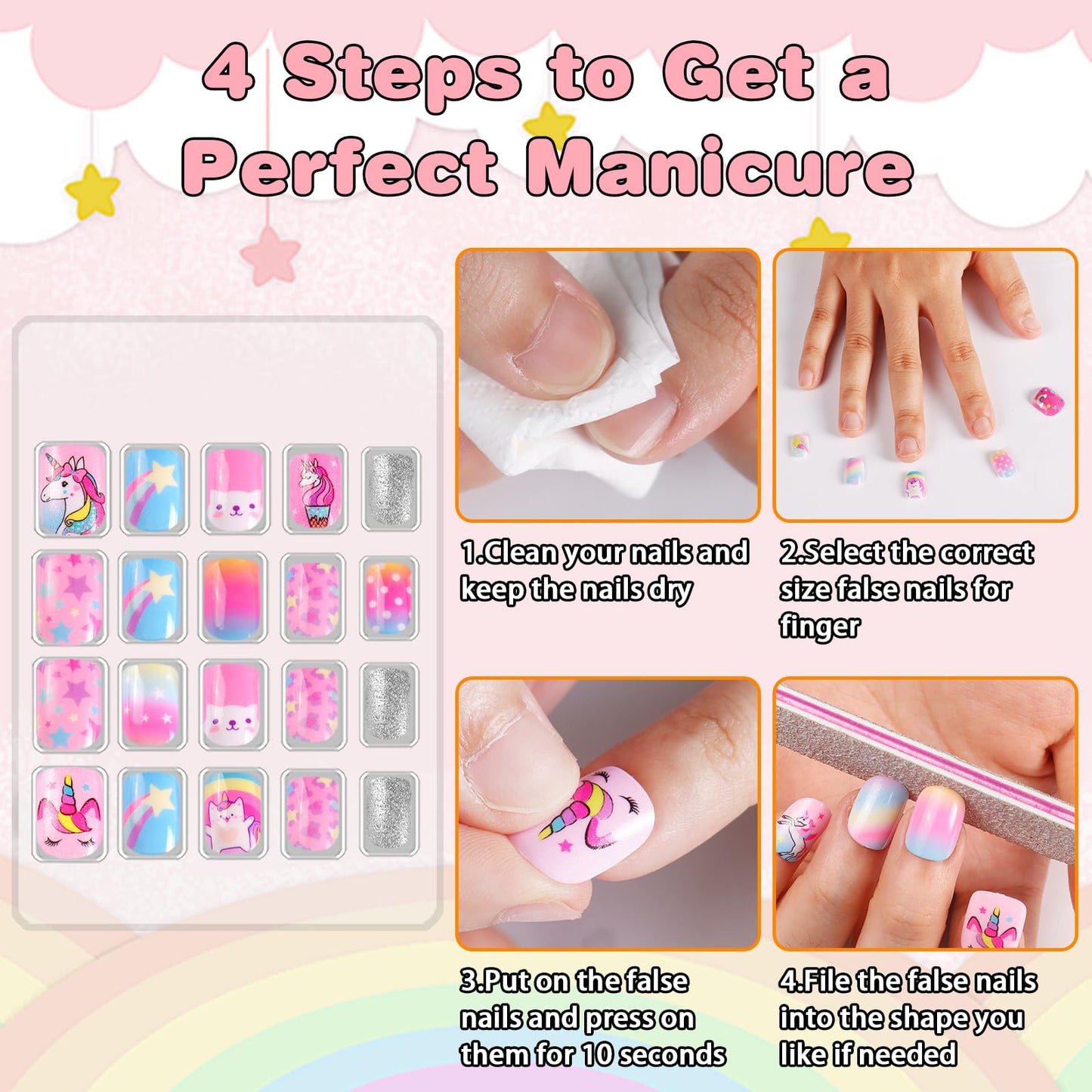 SIUSIO 6 Pack Press on Nails kids Children Acrylic Fake Nails Cute Pre-glue Full Cover Gradient Color Rainbow Short Stick On False Nail Art Kits Set for Kids Little Girls - Rainbow Dream
