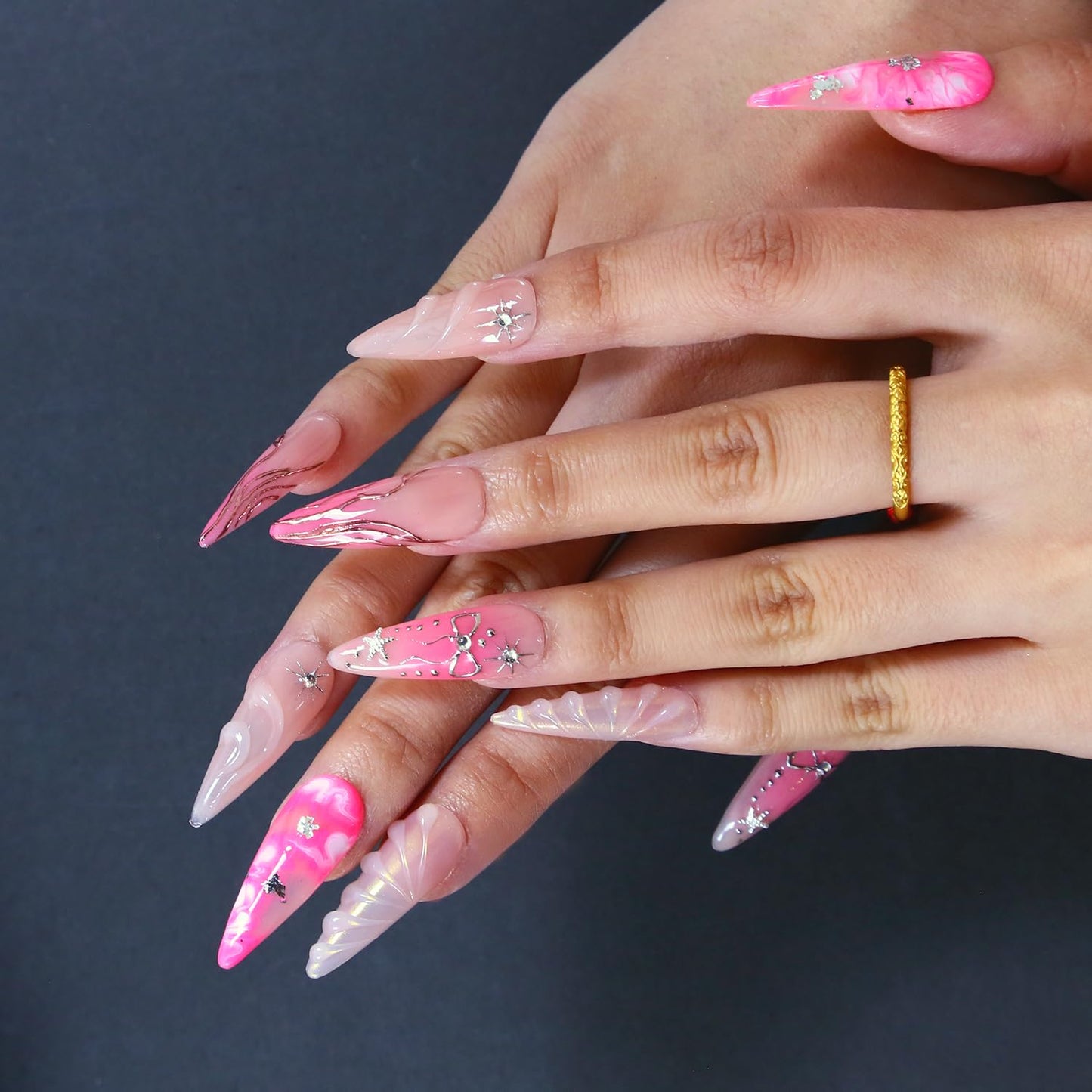 MXYIYANR stiletto Press on Nails Long Fake Nails 3D Flolwer False Nails with Design Full Cover Almond Fake Fingernails Acrylic Stick ons Women 10 Pcs (S)
