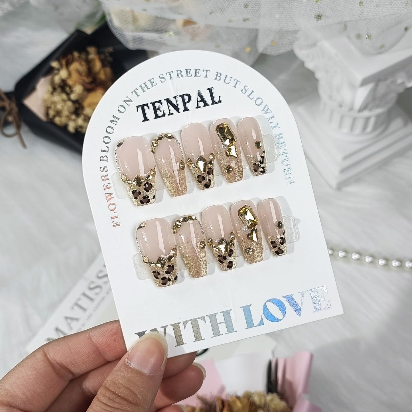 TENPAL Handmade Leopard Cat Eye French Glitter Design Fake Nails,Resuable 10Pcs Press on Nails Medium Kit,Luxury Coffin Shaped Glam Glue on Nails for Women Daily Use, Bridal,Autumn Winter Parties(M)
