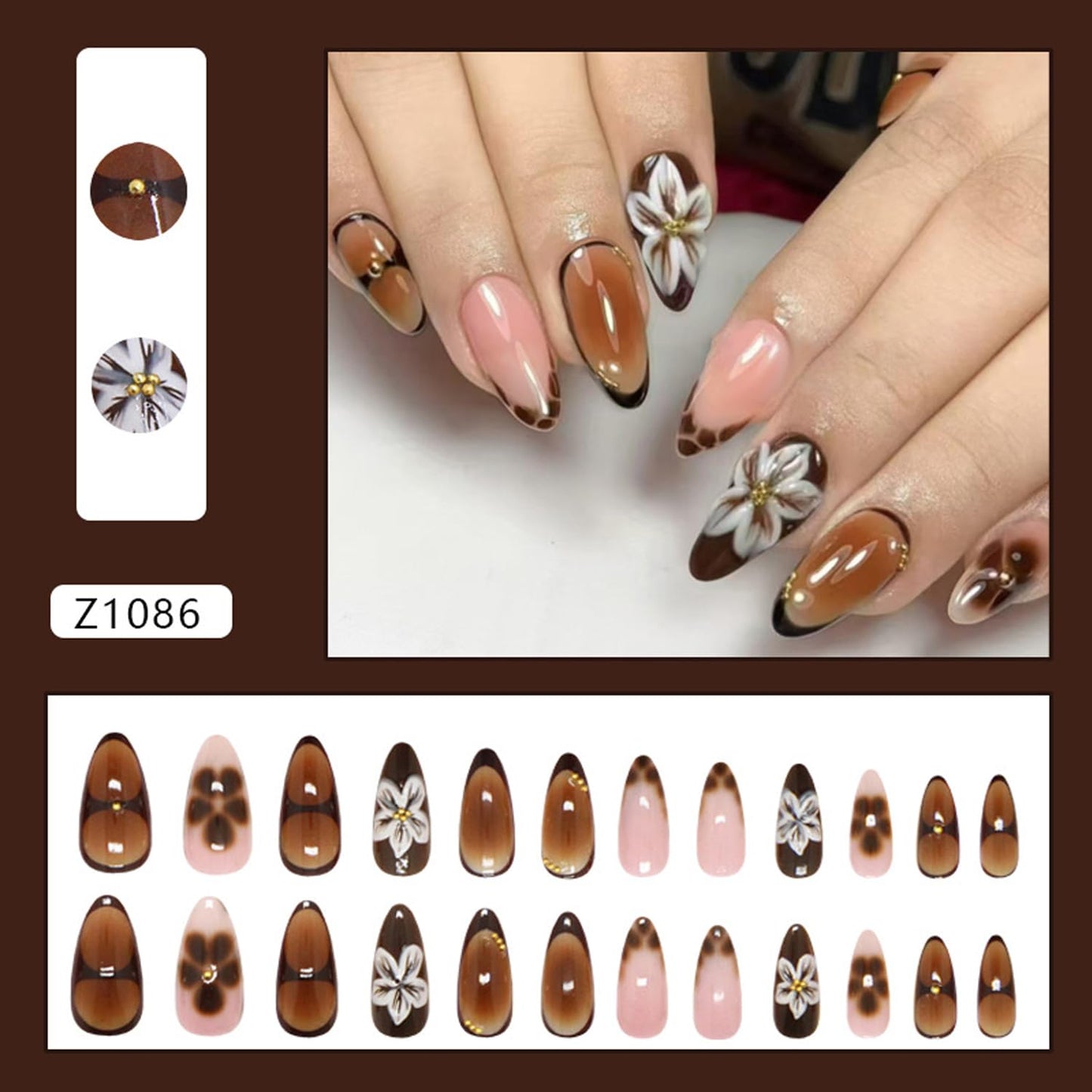 24Pcs Brown French Tip Press on Nails Medium Fake Nails 3D Gold Carved Beads Flower Design Glossy Full Cover Acrylic False Nail Glue on Artificial Nails Glossy Stick on Nail for Women Manicure Set