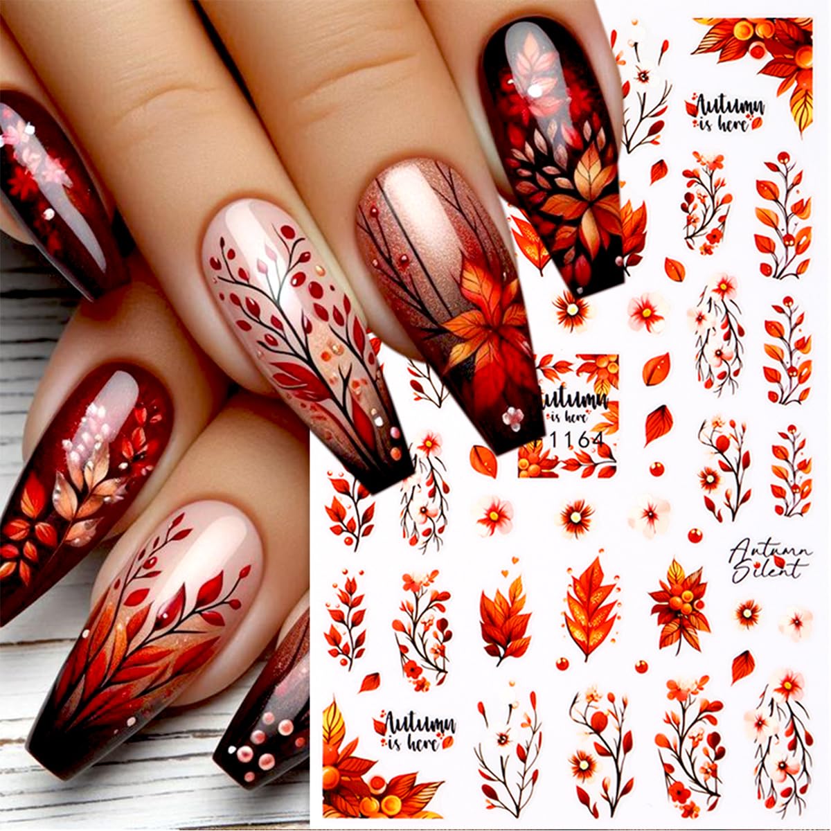 6 Sheets Fall Nail Stickers for Nail Art Thanksgiving Maple Leaf Nail Art Stickers Decals Autumn Pumpkins Mushroom Nails Decorations 3D Self-Adhesive Maple Leaves Nails Design Stickers for Women Decor