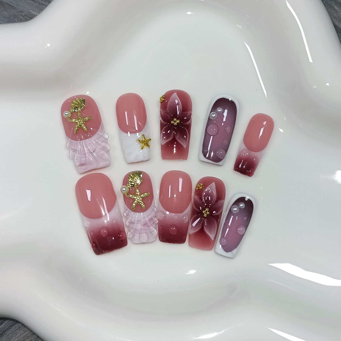 TENPAL Handmade Press on Nails Medium Coffin-Nude Pink Wine Ombre Fake Nails with 3D Teardrop Metal & Ocean Floral Design,Blushing Acrylic Glossy False Nails with Crystal Y2K Style For Women Girls(S)