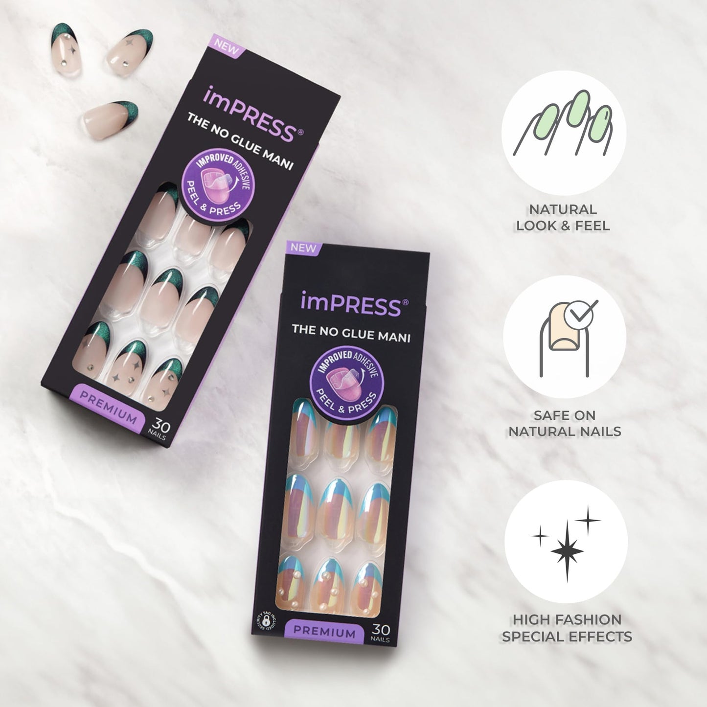 KISS imPRESS Press-On Manicure Premium Collection Fake Nails - Legacy, Gray, V-Cut Stone, Medium & Ballerina/Coffin Shape, Easy To Apply, Super Hold, Chip Proof, Smudge Proof, No Dry Time | 30 Count