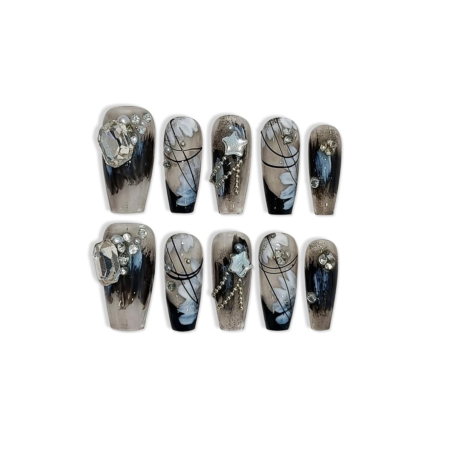 TENPAL 10PCS Gothic Coffin Press on Nails with Tools Kit,Black French Tips Fake Nails with Oriental Chain & Crystal Design | Dark Rebel Glue on Nails Medium | Icy Dark Elegant Chinese Style Nails(XS)
