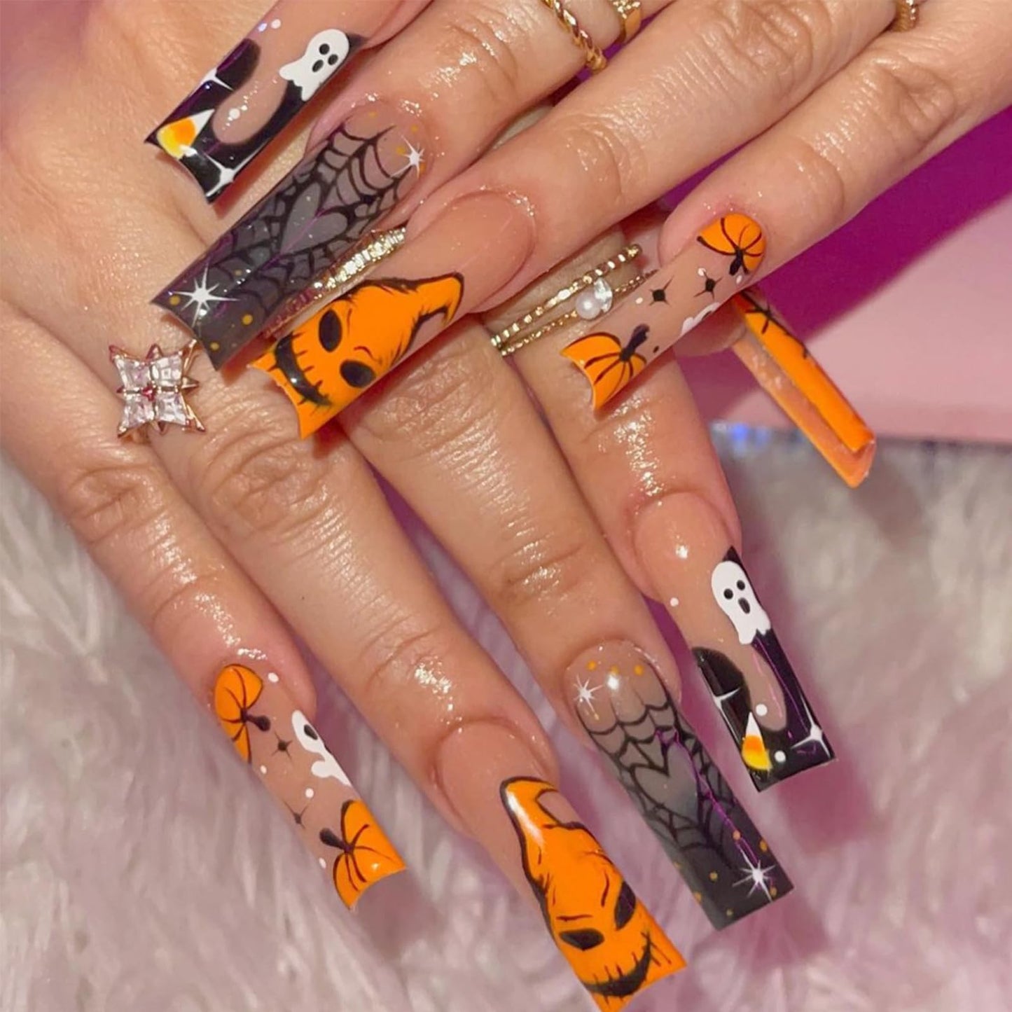 24Pcs Halloween Press on Nails Long Square French Tip Fake Nails with Ghost Spider Wed Design Goth Halloween Glue on Nails Orange Monster Pumpkin French Tip False Nails for Women Holiday DIY