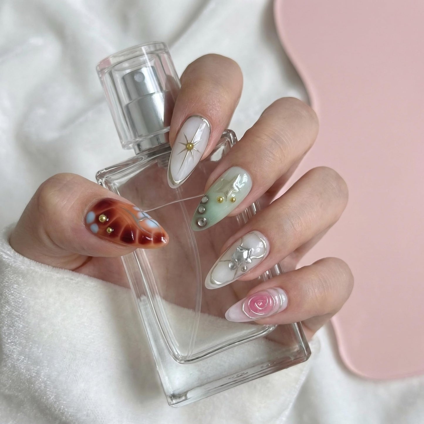 10Pcs Medium Almond Handmade Press On Nails | Easy Apply & Remove, Reusable Salon Quality Nails | Y2K Punk Multicolor Fake Nails with 3D Floral, Star & Gold Bead Accents(5U01, S)