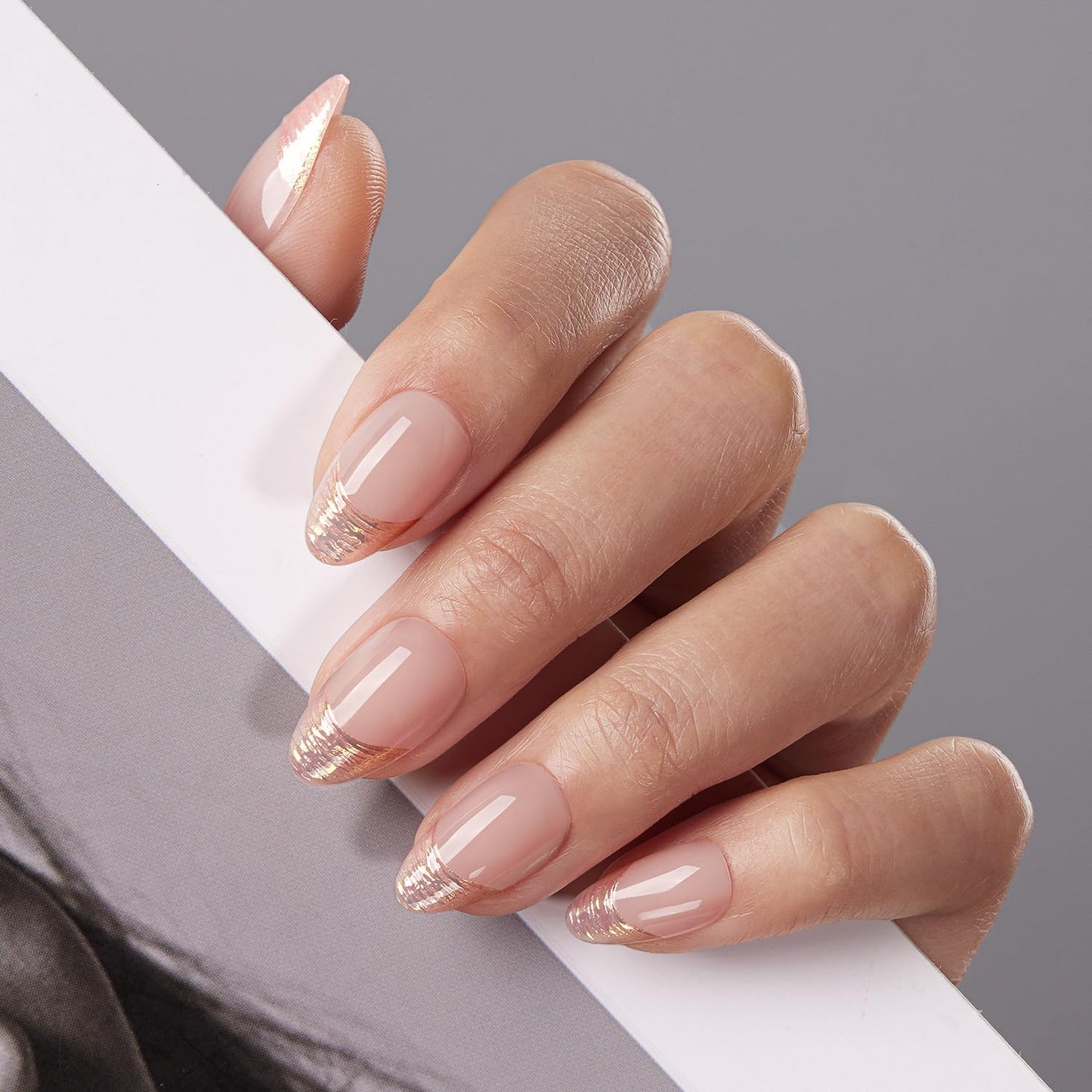 Press-On Nails - Short Almond French Tip Nude Pink Fake Nails, 32 PCS in 16 Sizes, Reusable Nail Kit with Long-Lasting UV Glue, Adhesive Tabs, Nail Glue & Nail Glue