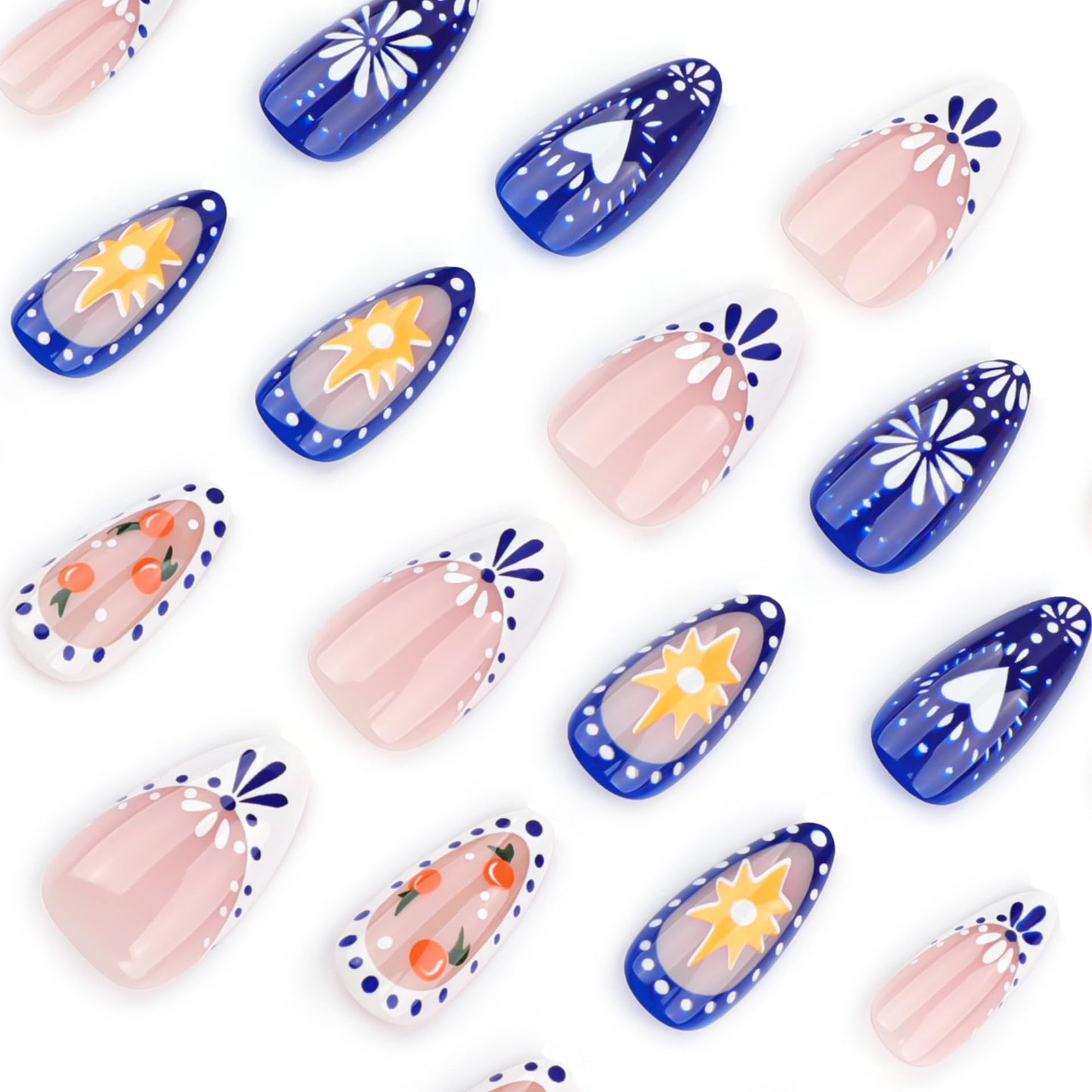ORZOLATENT Boho Floral Tips Press-On Nails – Hand-Painted Blue & White Floral, Cherry Design, Long-Lasting Gel, Easy DIY