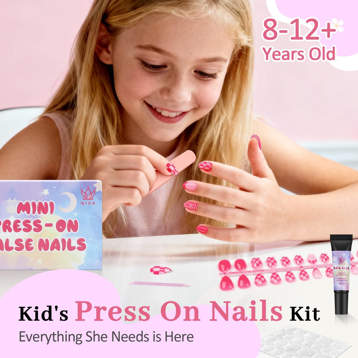 Qiek 16 Sizes Press on Nails Kit for Kids - 32 Pieces French Almond Fake Nail Tips for Girls 8-12 Years Old with Jelly Nail Adhesives & No-Lamp Nail Glue, Birthday Easter Gifts (Rose Pink Grid)