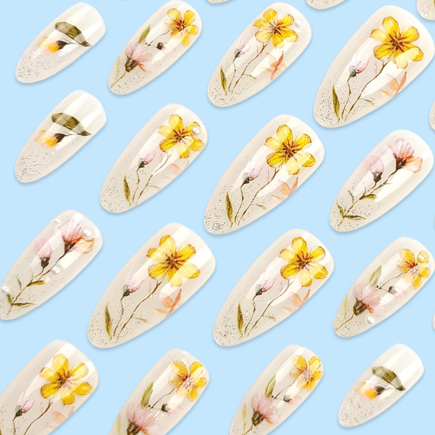 TBRZTR 24Pcs Flower Press on Nails Medium Length Floral Glitter Powder Design Almond Tip False Nails Pearl Stick on Nail Full Cover Artificial Fingernails Glossy Reusable Glue on Nails for Women