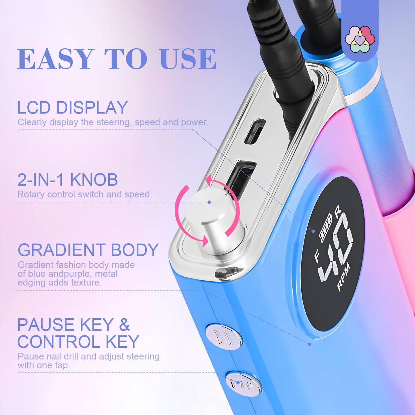 SAVILAND Professional Nail Drill 40000RPM Electric Nail Drill Machine with LCD Display Nail Kit Portable Electric Nail File for All Manicure Shaping & Gel Removal Manicure Pedicure Salon Home