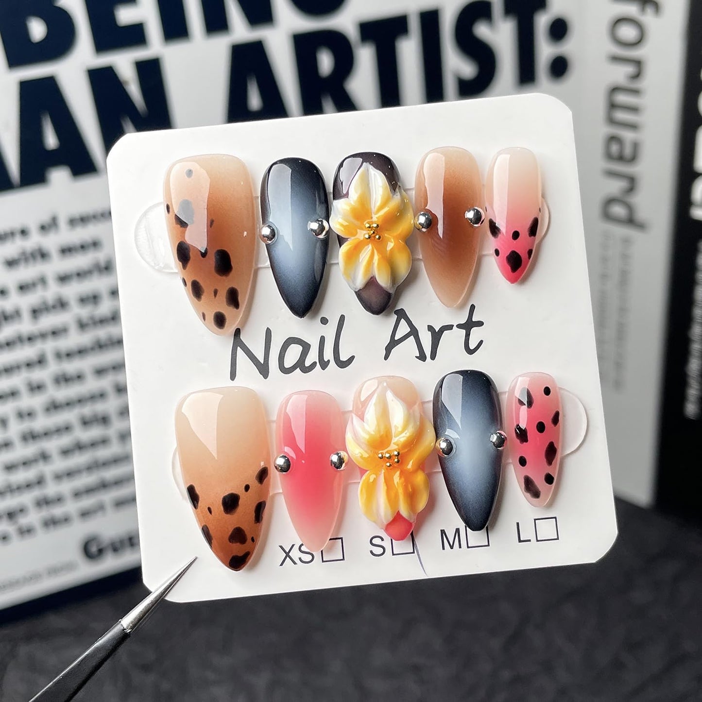 Luxury Press on Nails Medium Almond Handmade 3D Unique Reusable ABS Material Fake Nails False Nails with Designs Yellow Flower Leopard Art Petal Pink Glossy Glue on Thick Acrylic Nails(M)