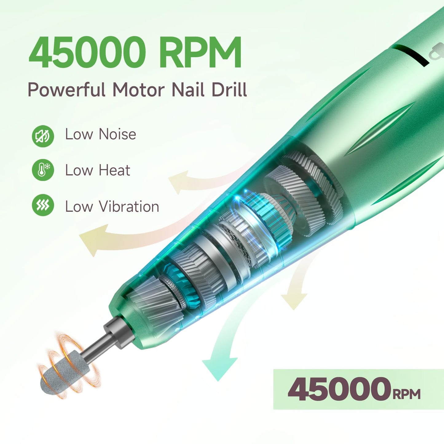 Nail Drill, Professional 45000RPM Rechargeable Electric Nail File with 11 Drill Bits & 50 Sanding Bands, Low Noise Nail Drill Kit for Acrylic Gel Nails, Salon & Home Use, Soft Green