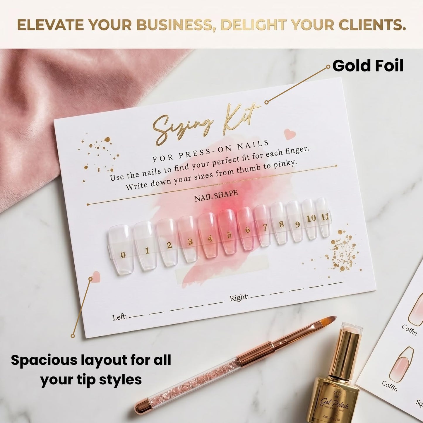Press On Nails Sizing Kit Cards for Nail Business — 30 Pack Blank Size Chart Postcards, 5x7 Pink & Gold Foil, with Clear Bags, Press On Nail Business Supplies for Nail Tech