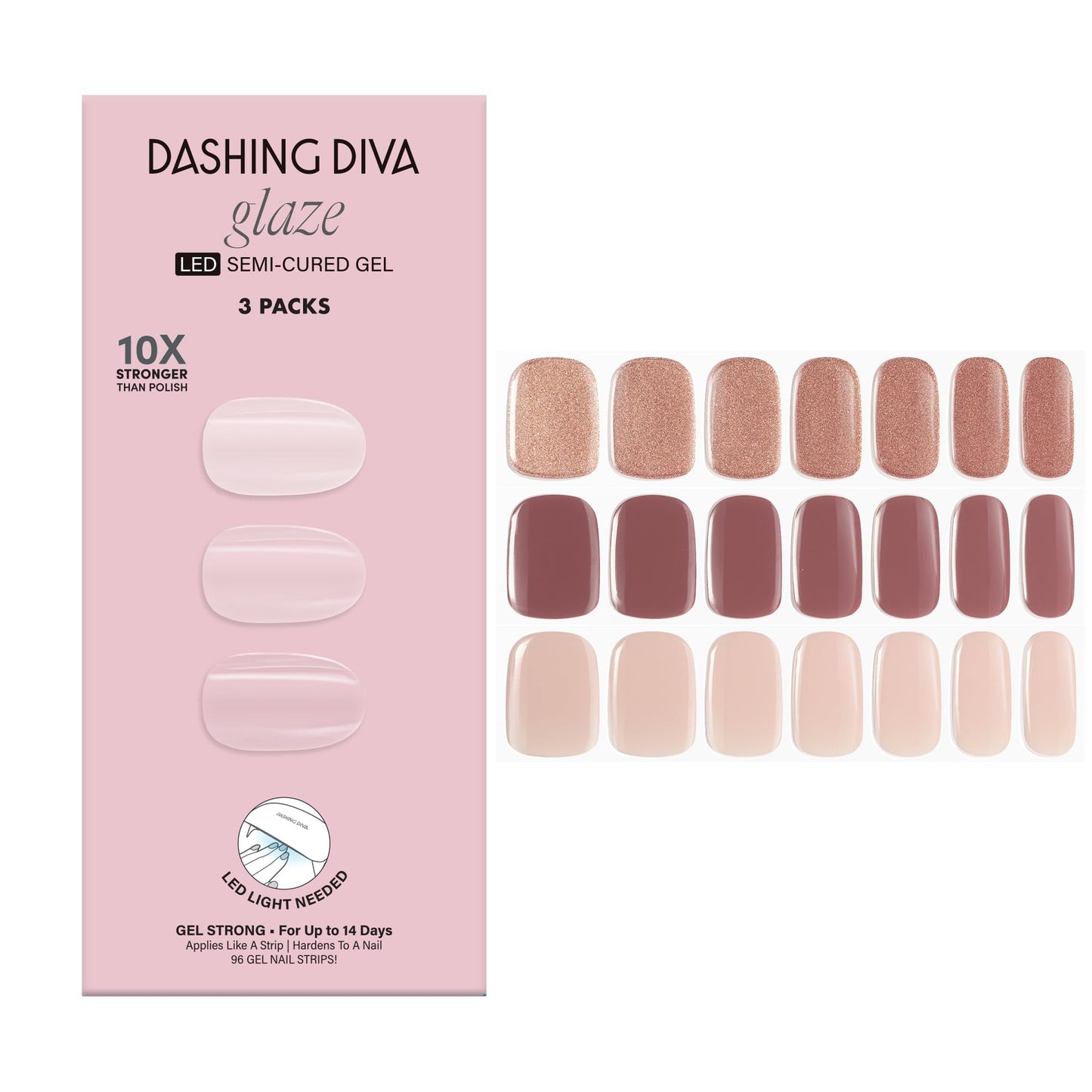 Dashing Diva Glaze Nail Strip 3-in-1 Kit - Best of Nudes - Long Lasting, Chip Resistant, Semi-Cured Gel Nail Strips - Contains 96 strips, 3 prep pads, 3 manicure sticks, 1 nail file