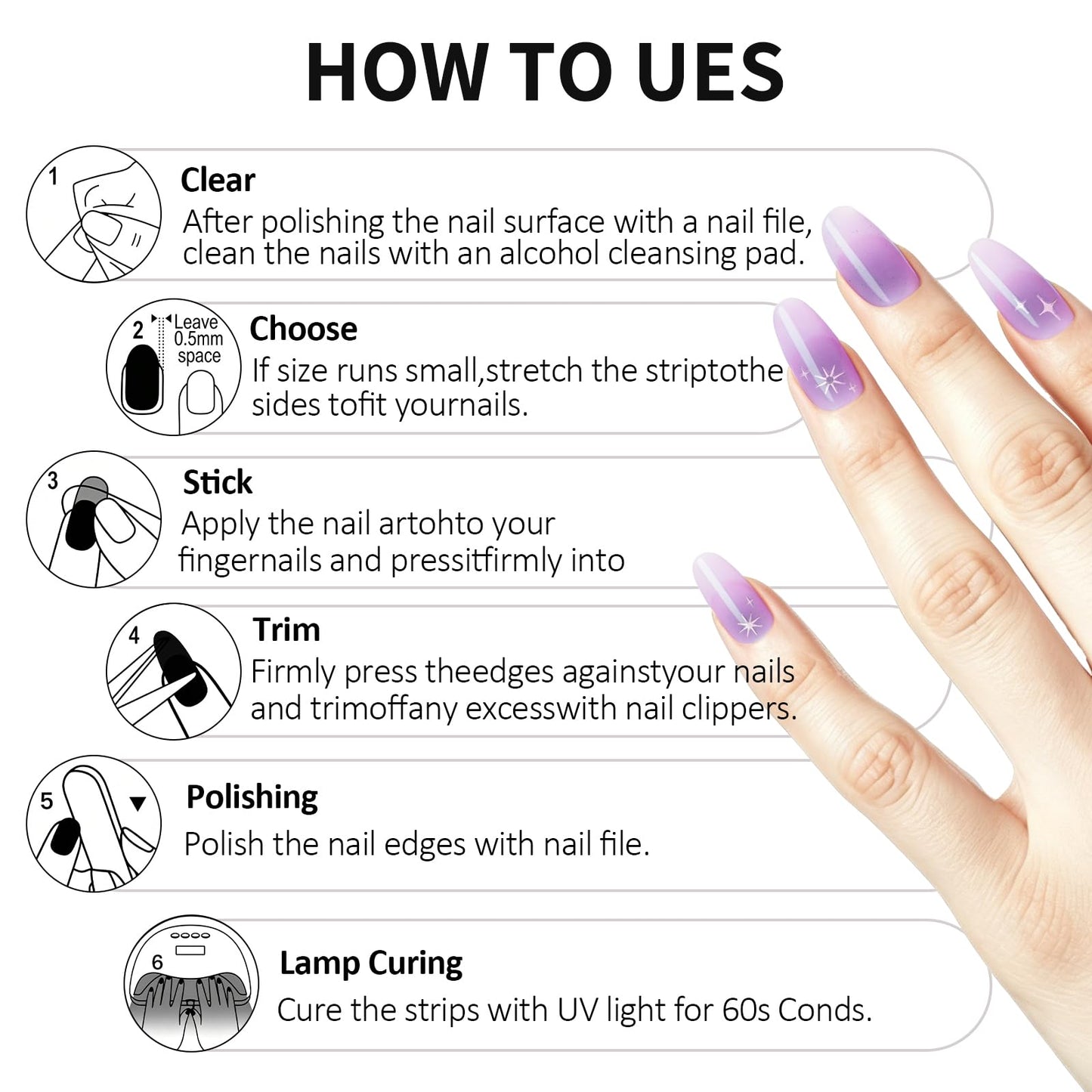 Semi Cured Gel Nail Strips -Taro Gradient Star - Stylish Nail Wraps, No UV Light Needed, Effortless Application & Removal, Salon Quality, Includes 16 Wraps, 1 Prep Pad, Wooden Stick & Nail File