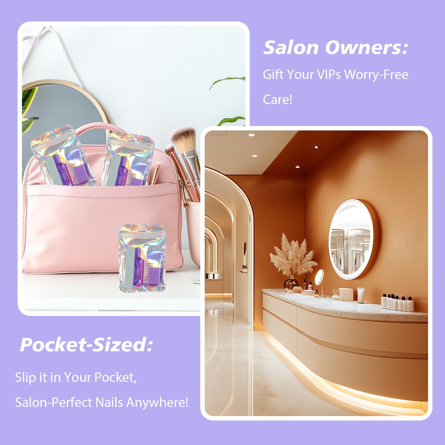 Disposable Manicure Kit Professional, 50 Set Press On Nail Tool Kit with Nail File, Nail Buffer, Nail Buffer Block, Nail Handle Brush, Wood Stick, Packaging Bag (Purple-50pcs)