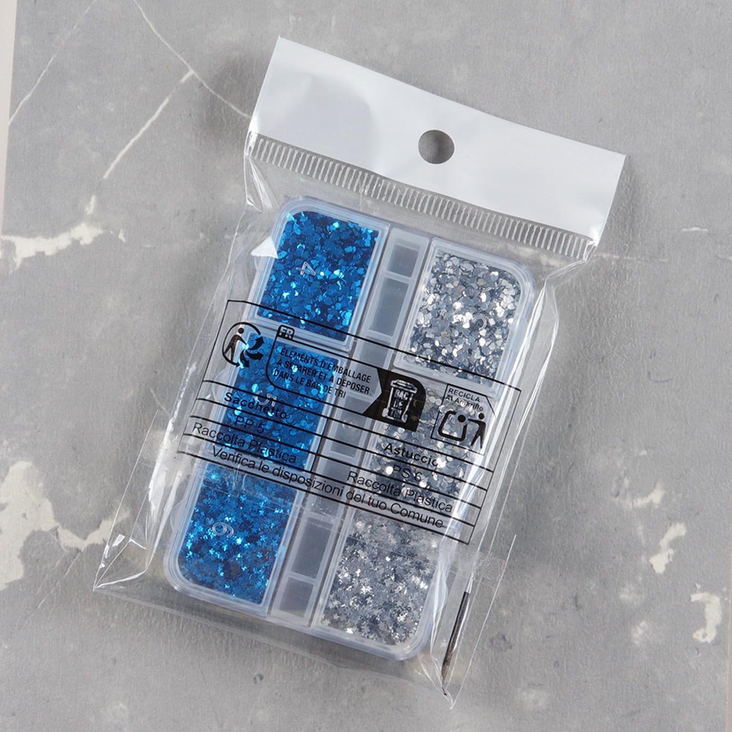 Summer Nail Glitters 6-Grid 1mm Mini Blue Silver Nail Glitter Flake Kit, Mini Mixed Glitter Mail Art, 3D Holographic Sparkly Heart Star Round Design Nail Sequins Paillette for Women Manicure DIY Decor
