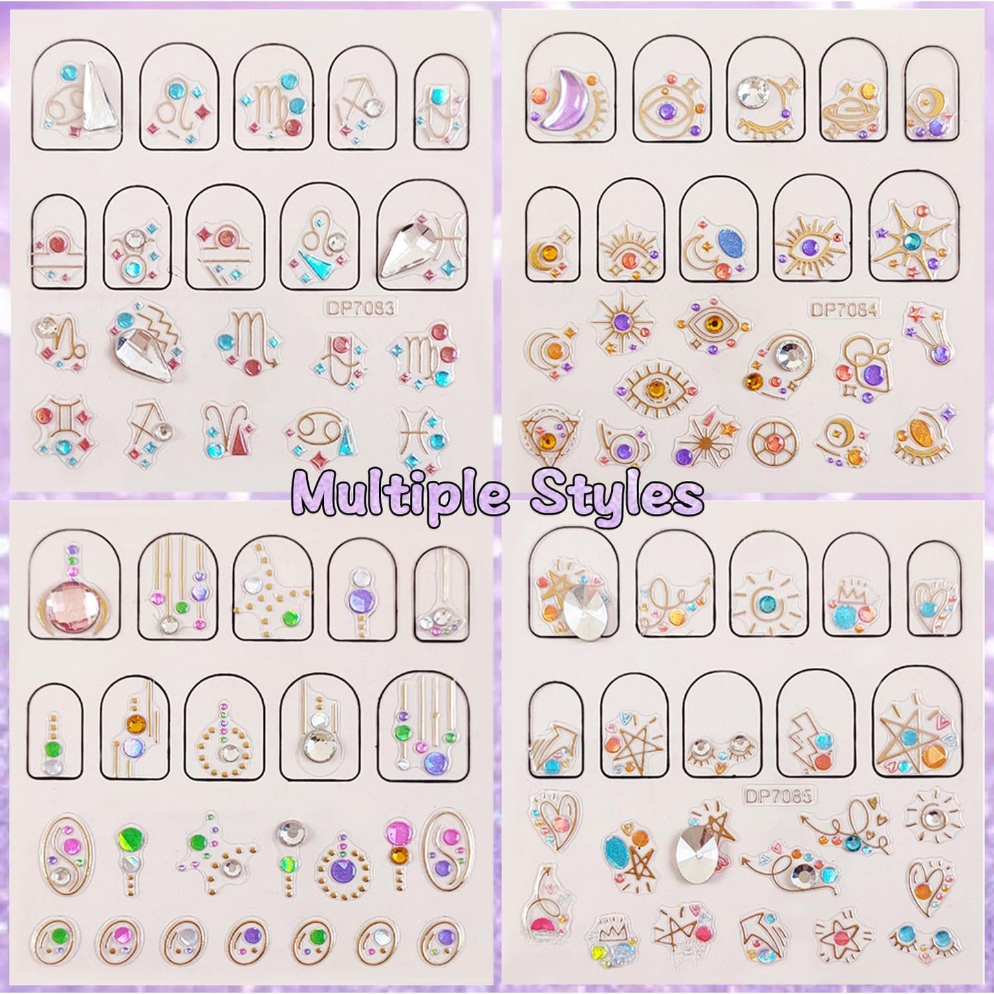8 Sheets 3D Nail Art Stickers Diamond Heart Round Luxury Self-Adhesive Nail Decals Rhinestones Heart Design Gold Line Glitter Gems Pink White Purple Blue Colorful