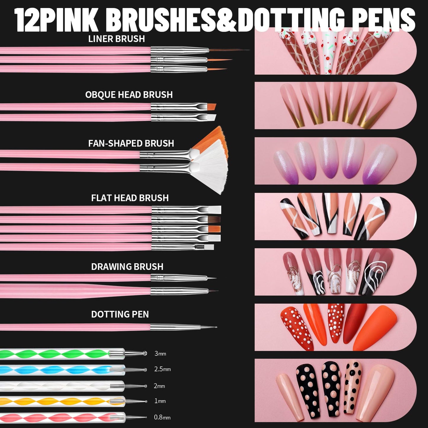 FANDAMEI Nail Art Brushes, Nail Art Kit with Nail Art Brush, Dotting Tools, Nail Rhinestones Pearls, Nail Charms and Gems, Nail Stickers for Women Decals, Nail Stand for Press on, Nail Design Kits