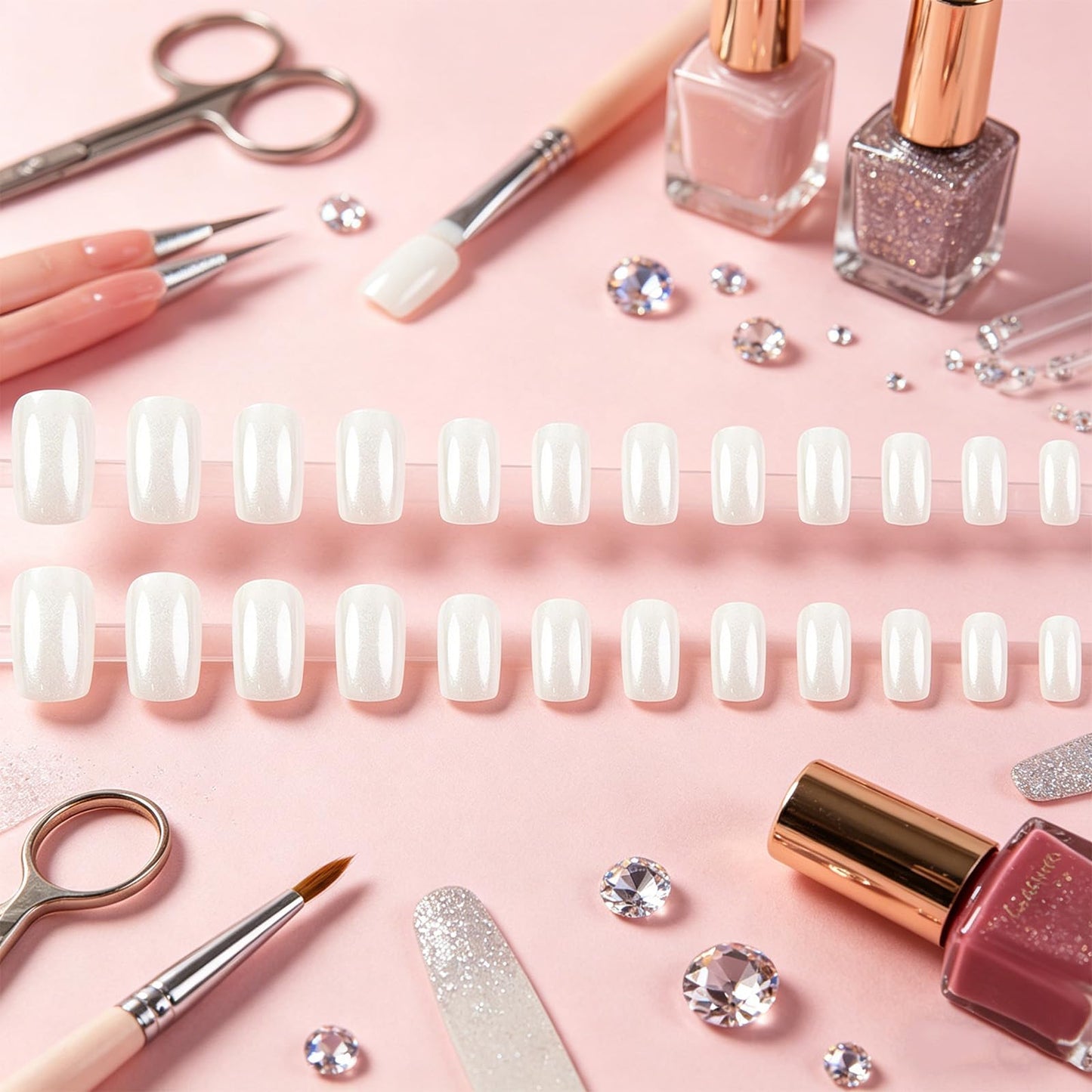 Pearl White Press on Nails, Medium Square False Nails for Bridal and Everyday, Glossy Aurora Glue on Artificial Nail, Reusable Chrome Stick on Fake Nail for Women Minimalist Daily Wear