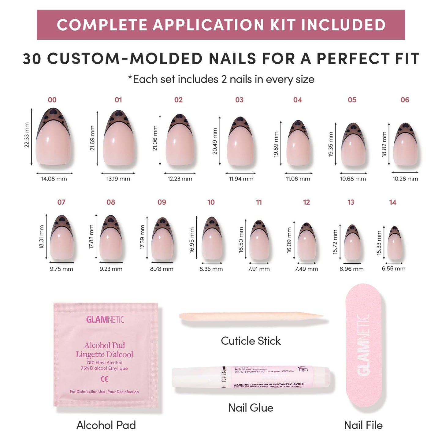 Glamnetic Press On Nails - Love Noir | Short Almond Fake Nails in Semi-Transparent Black French Tips with Opaque Outline and Heart Details | 15 Sizes - 30 Nail Kit with Glue