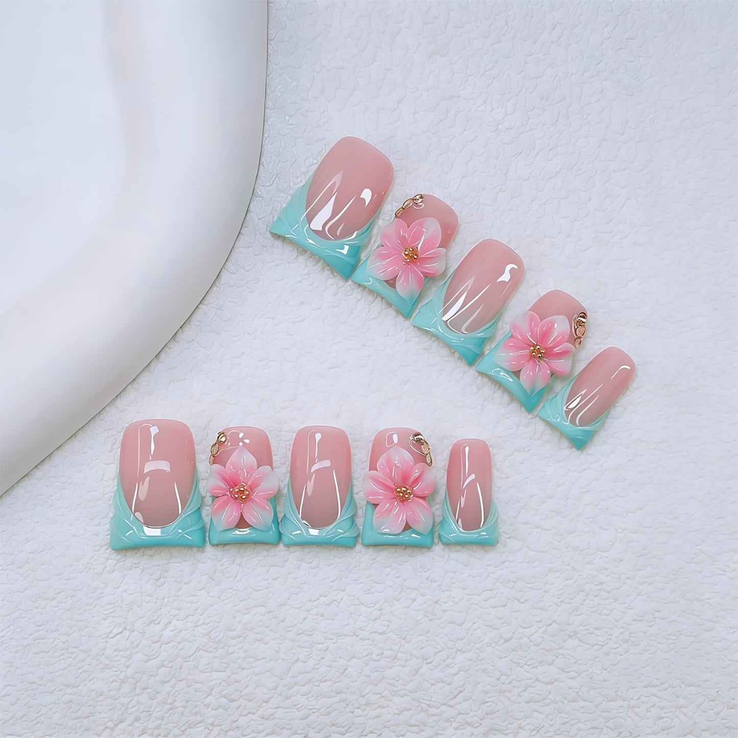 Duck Press on Nails Handmade 3D Pink White Flower Fake Nails Muti-Layer Soft Gel Short Blue French Tip Acrylic Nails Salon Quality Handmade False Nail Press Ons Luxury Stick on Nail for Women (S)