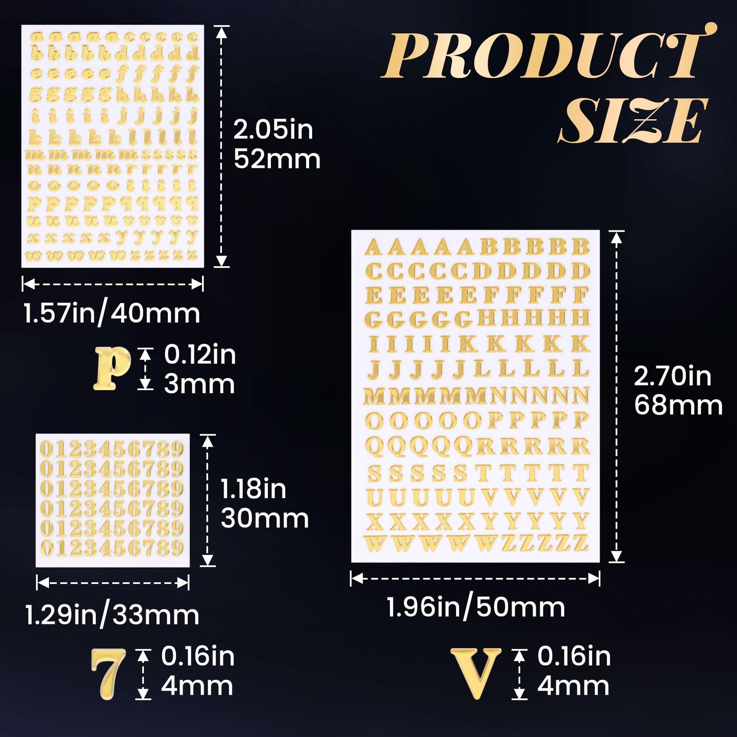 OIIKI 640pcs Small Metal Letter Number Stickers, 3D Self-Adhesive Mini Letter Stickers, Glitter Alphabet Number Decals Decoration Supplies for Scrapbook Nail Keyboard DIY Crafts- Gold