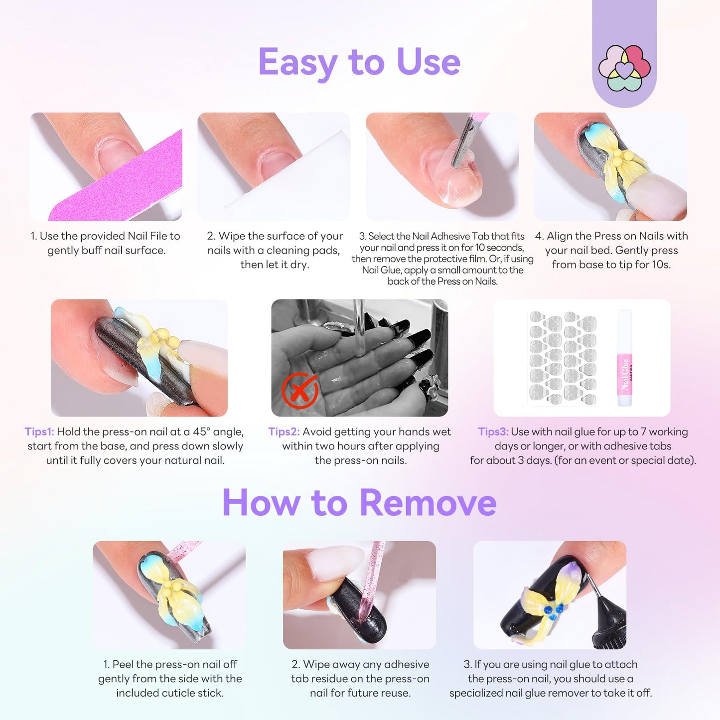 SAVILAND Handmade 3D Press on Nails Kit: Instant Transformation Press on Nails Long Lasting with Nail Glue Nail Adhesive Tabs 10Pcs Flower Fairyland Nail Tips No U V Need (Size M/S)