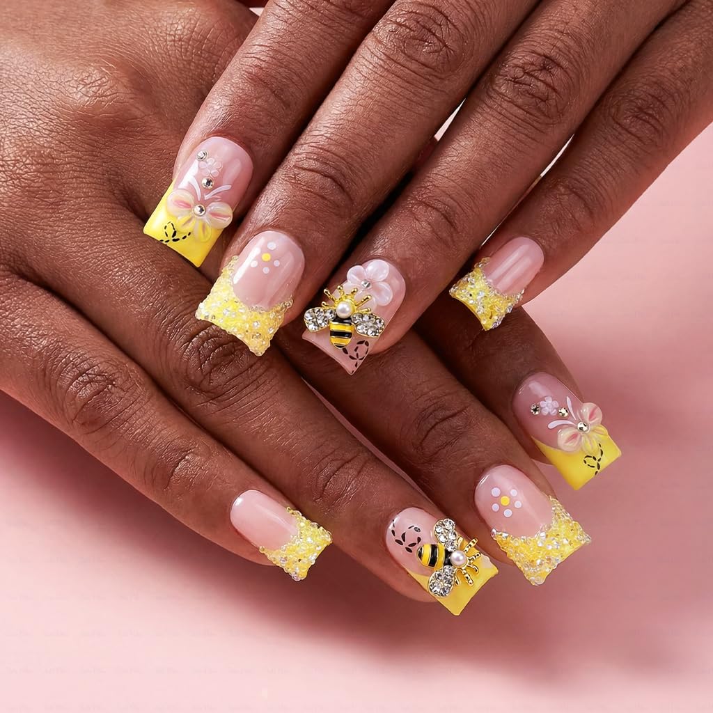 IntoVibes Handmade Short Duck Press On Nails, Precious Bee, 10 Pieces Reusable Acrylic False Nails, Size Small