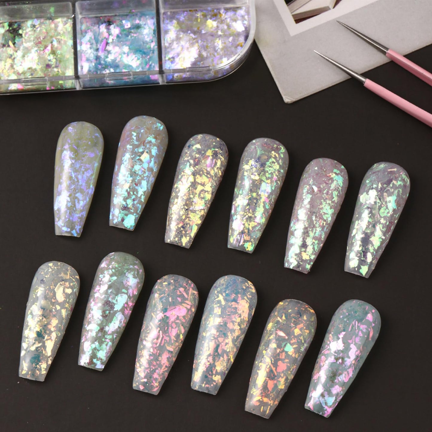 Holographic Aurora Opal Nail Flakes,12 Colors Iridescent Mermaid Nail Powder Gradient Ice Slag Nail Sequins Spring Summer for Gel Polish, Acrylic Nails, DIY Manicure & Resin Craft Supplies