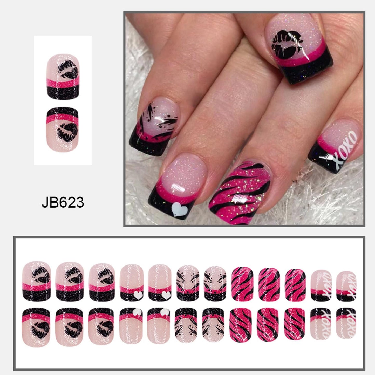 Valentine's Press on Nails French Love Short Fake Nails with Letter Lip Print Glitter Design Heart Nails Square Full Cover Artificial False Nails Glue on Nail Valentine Fashion Manicure for Women