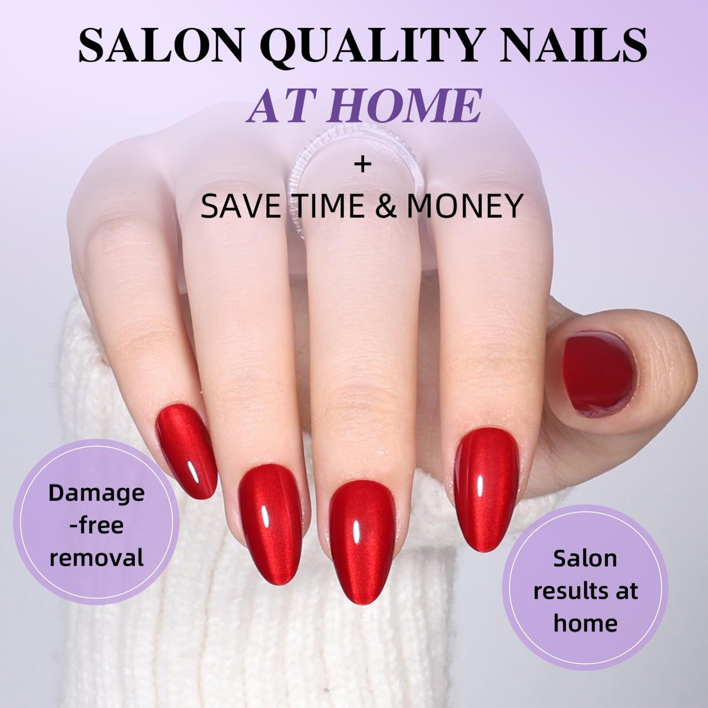 Cherry Red Cat Eye Press on Nails - Short Almond Press On Nails Press Ons for Women Red Fake Nails with Glue, Glossy Reusable Glue on Nail in 16 Sizes - 32pcs