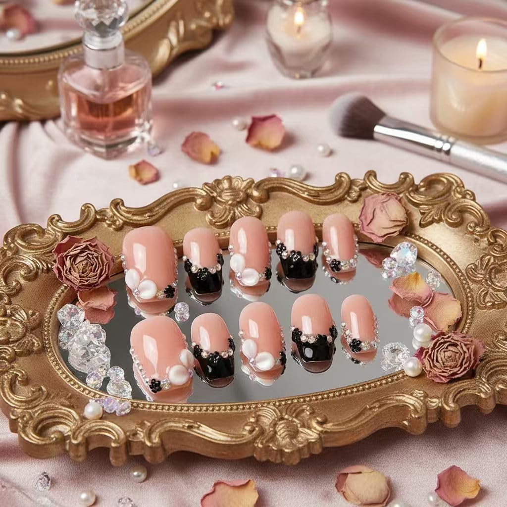 MikaJayboo Handmade Medium Square Press on Nails Black French Tip Fake Nails with 3D White Flower & AB Rhinestone with Women and Girls for Daily Party 10Pcs(Size M)