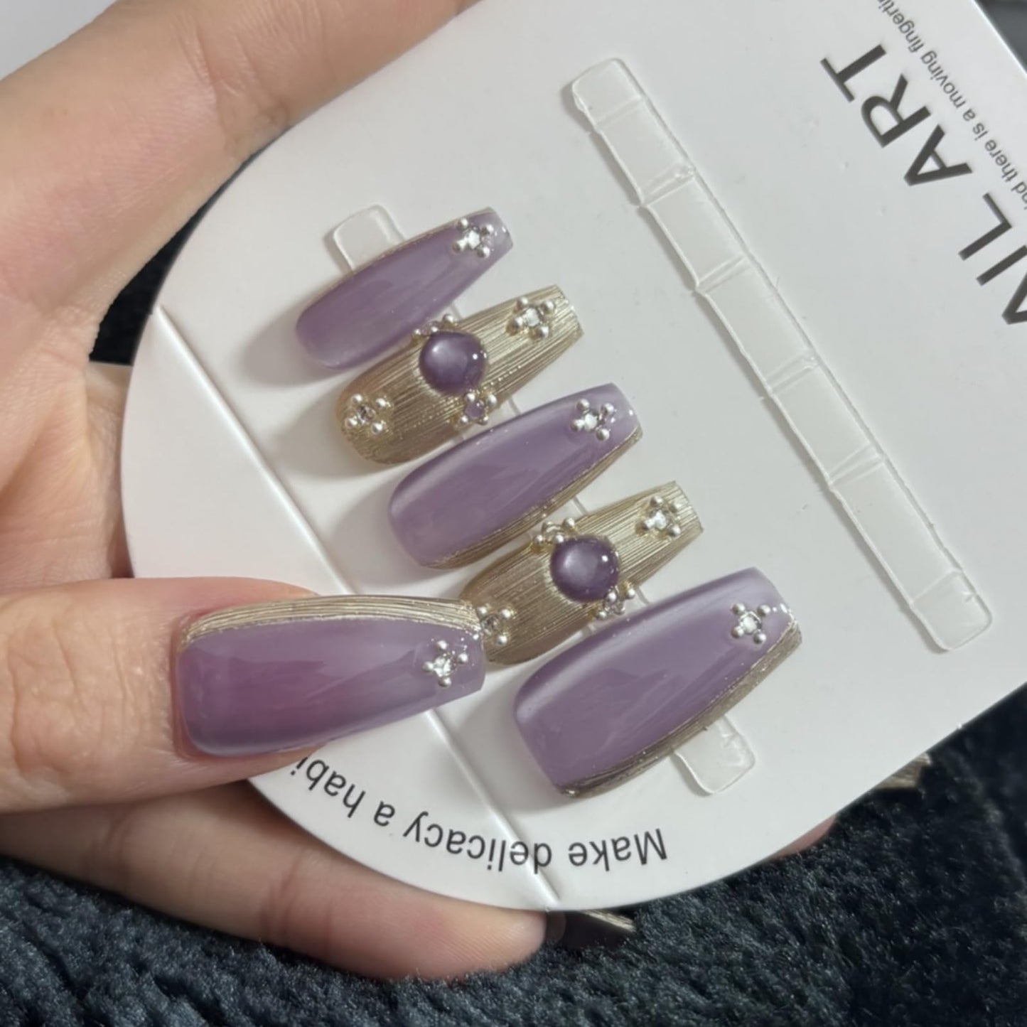 RENBING handmade press on nails short,coffin fake nails with designs,10 pcs high hardness acrylic nails press ons,3d cute false nails for women-Purple buccellati(M)