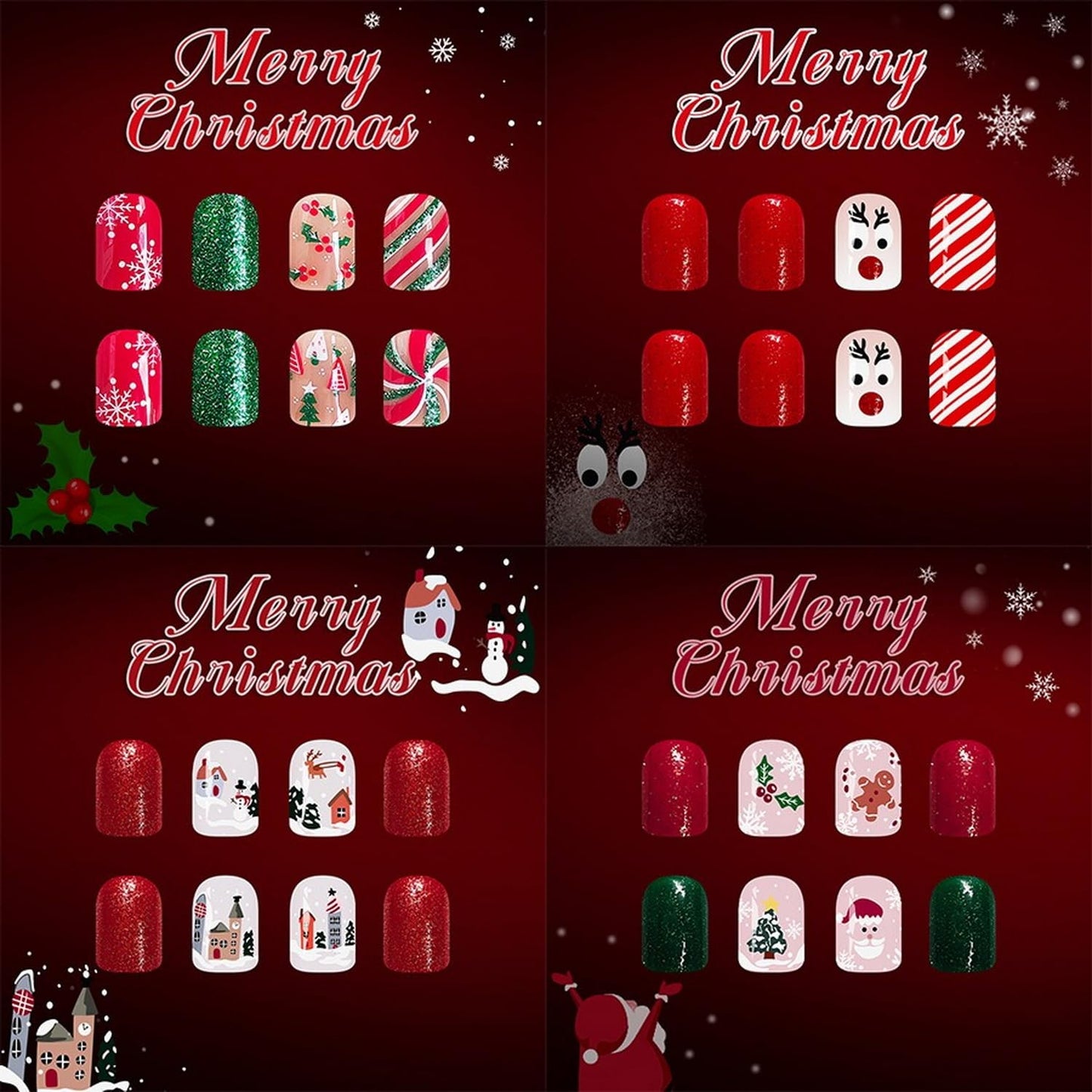 Christmas Press on Nails Kit 96 Pcs Short Square Fake Nails 4 Style Cute False Nails with Reindeer Snowflake Xmas Tree Glitter Designs Red Glossy Glue on Nail Winter Acrylic Nails for Women Girls