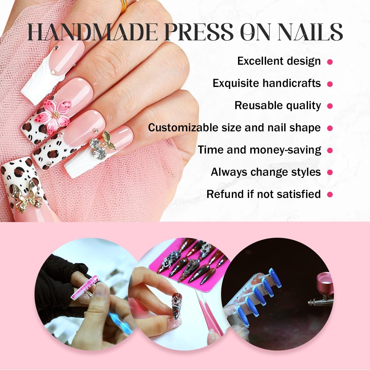 Flower Press on Nails - Long Square Handmade Press on Nails Thick Acrylic and Muti-Layer Gel False Nails 3D Floral Stick on Nails Leopard French Tip Fake Nails for Women DIY Art Decor (S)