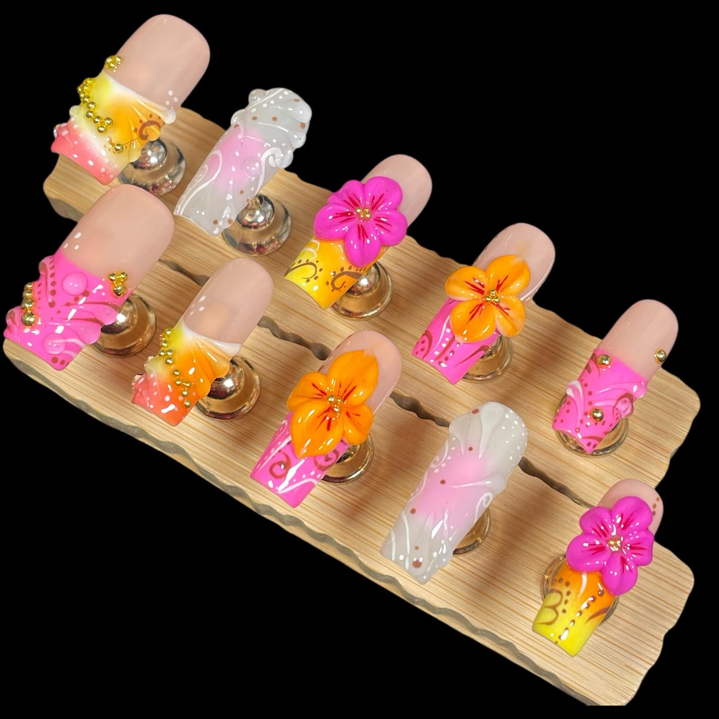 Handmade Press on Nails 3D Floral Medium/Long Square False Nails | Pink & Yellow Gradient | Bohemian Design| Reusable Acrylic Fake Nails (Sunburst, S)