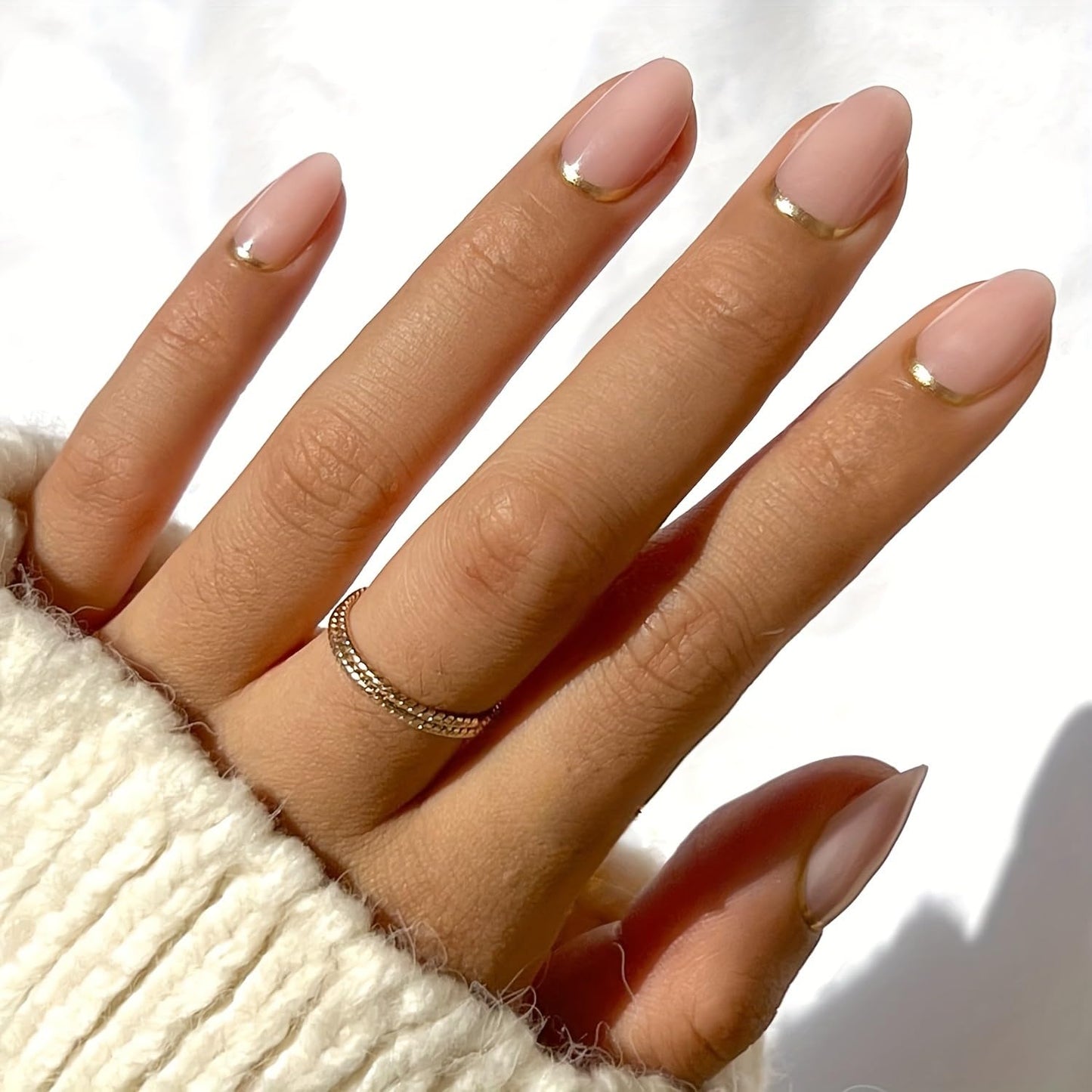 30PCS Almond Press On Nails with Gold Edge, Short Full Cover Fake Nails with Adhesive Tabs, Reusable Press On Nails for Women & Girls, Valentine’s Day Gift