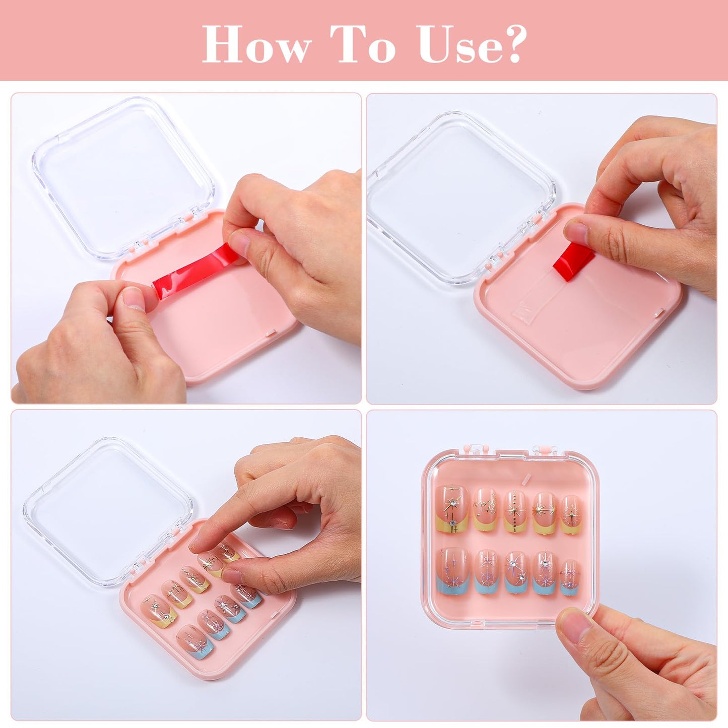 32 Pack Press on Nail Storage Boxes with 60 Adhesive Tapes – Acrylic Nail Organizer for Salon, Travel & Gifting (4 Colors: Pink, Black, White, Clear)