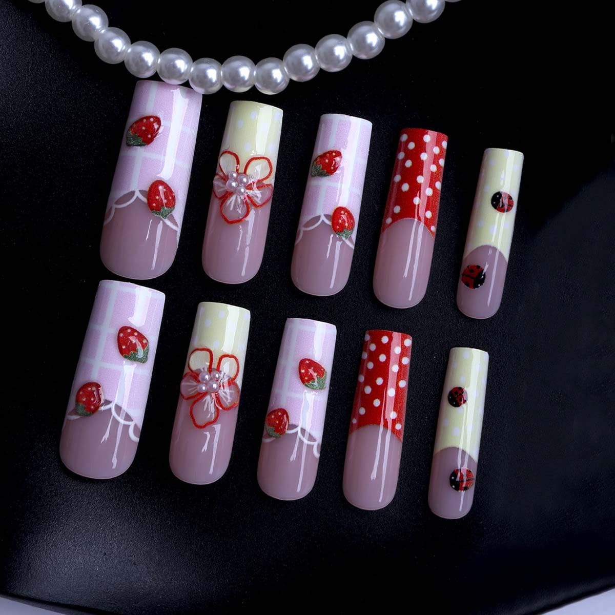 LINMEIZAI 24Pcs French Press on Nails Medium Square 3D Strawberry Fake Nails Press ons Nail Tips, Lines Stick on Nails Acrylic Nails Kit False Nails Pearl Design Nail Art for Women Flowers Manicure
