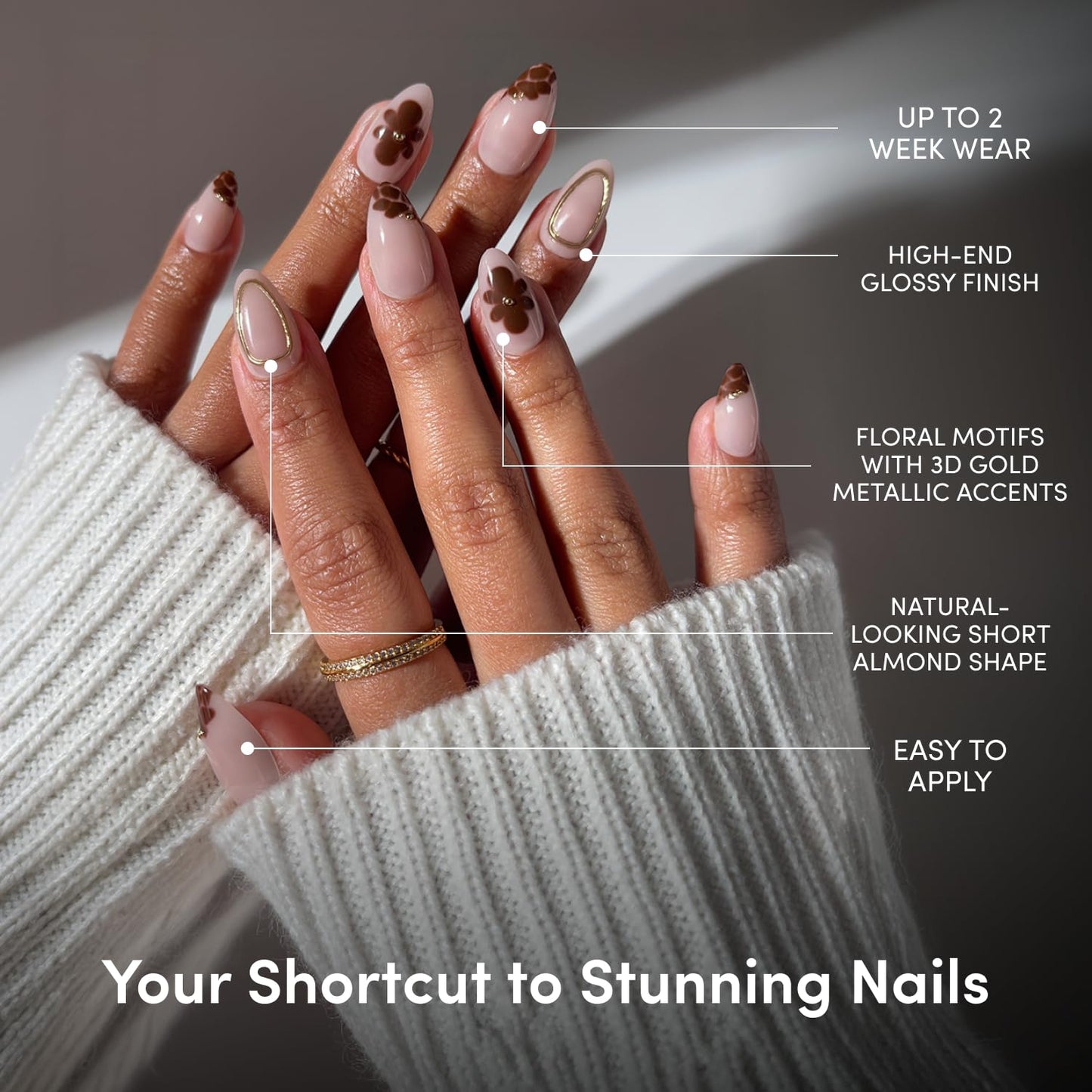 Glamnetic Short Almond Press-On Nails Bundle - Sicilian Sun, Sunbaked & Sunset Tide | Brown Fake Nails with a Velvet Finish | Tropical Nails with Brown Floral Designs, Gold Foil | False Nails Nails wi