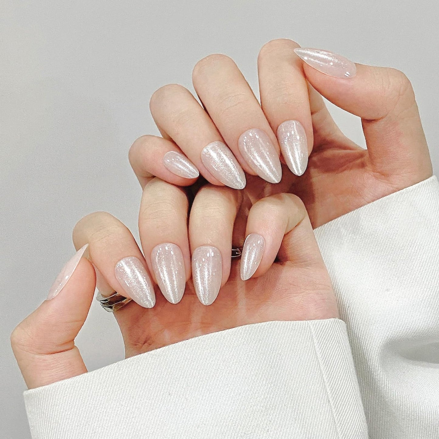 Almond Cat Eyes Press On Nails,12 Sizes - 24 Pcs Soft Gel White Medium Fake Nails Kit with Nail Glue, Natural Reusable Stick On False Nails for Women and Girls (Skycloud Moon White) SK0752