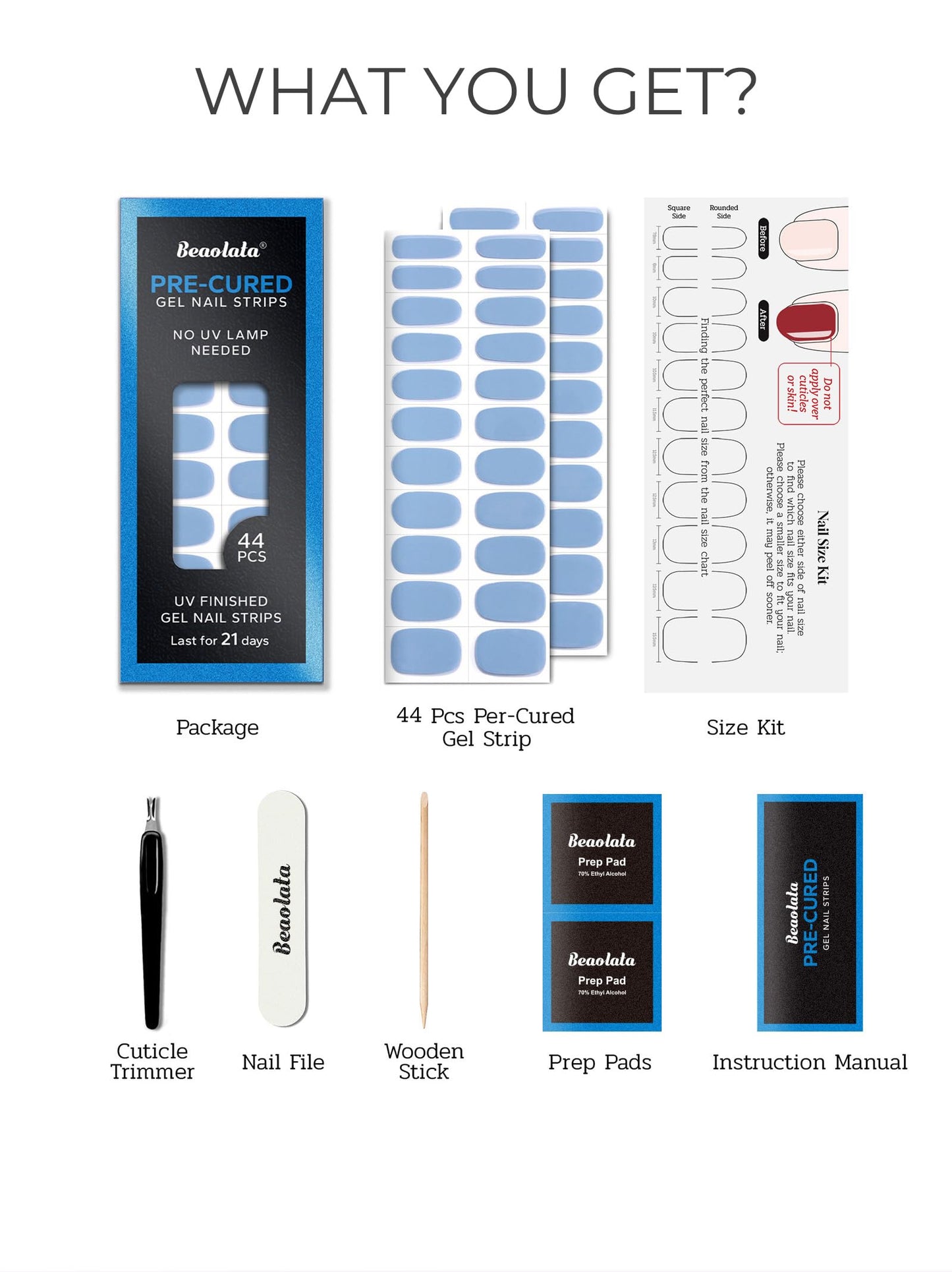 Beaolata Real Gel Nail Strips (No UV Light Needed) - 44Pcs Salon Quality Nail Stickers - Long Lasting Polish Wraps for Women, Easy Apply & Remove (Lily Blue)