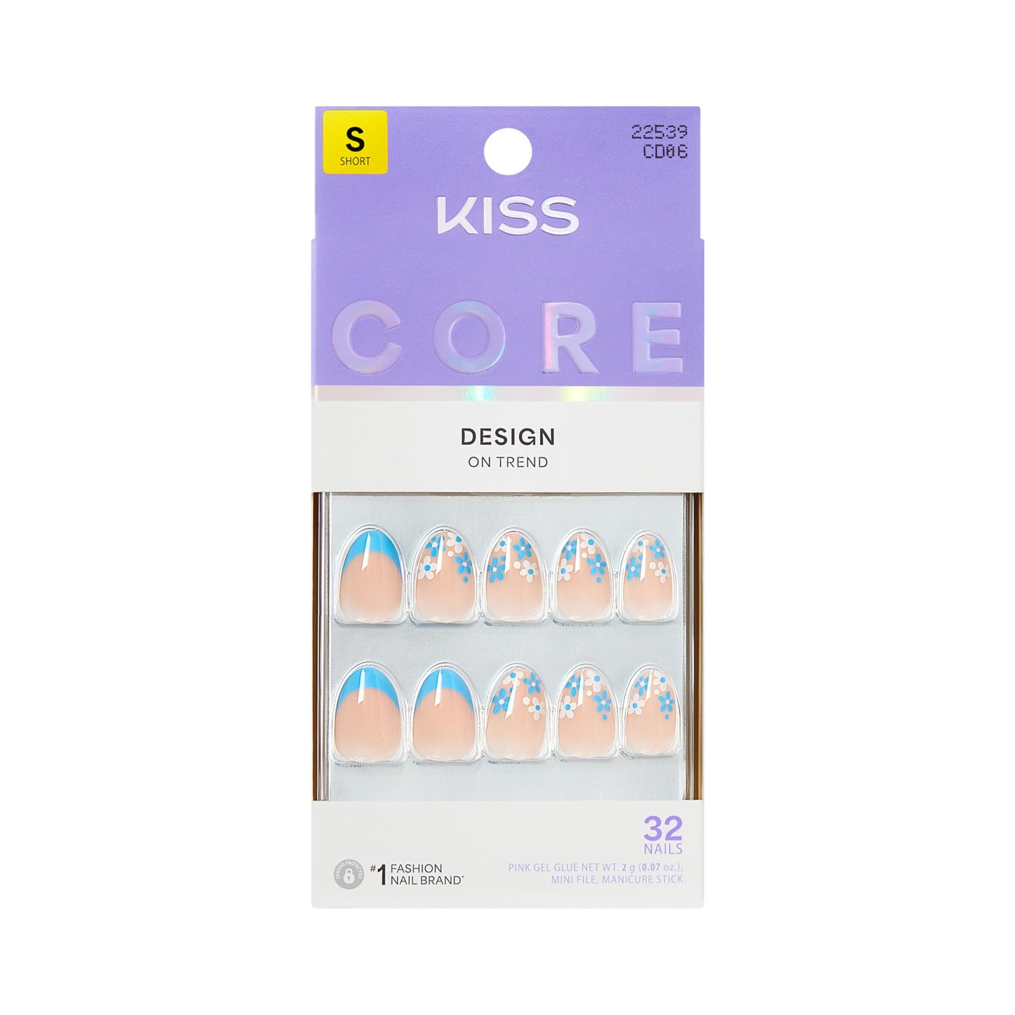 Kiss Core, Press On Nails, Nail glue included, 'Tune', Blue, Short Size, Almond Shape, Includes 32 Nails, 2g Glue, 1 Manicure Stick, 1 Mini File