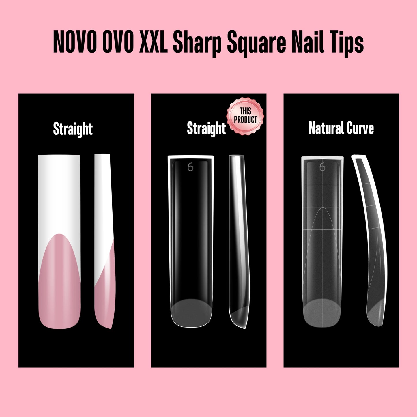 NOVO OVO XXL Square Nail Tips Matte - 240Pcs Pre-Etched Soft Gel Press on Nails, No File Needed Full Cover False Nails for Acrylic, Thickened 2XL PMMA Extension Kit (15 Sizes, Frosted Clear)