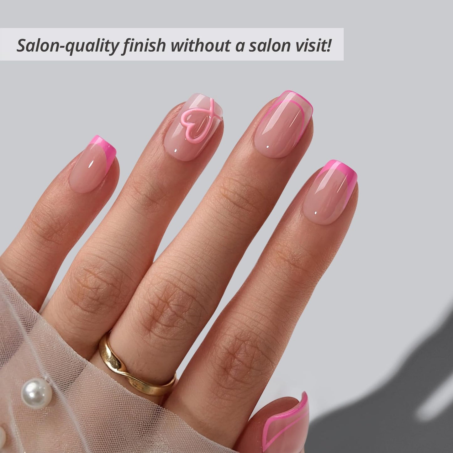 BTArtbox French Tip Press On Nails - A Little Romance, Lamp-Curable 4-Week Wear Hot Pink Short Square Press On Nails with Glue and Adhesive Tabs, Easy-to-Apply in 16 Sizes - 32 Nails All-in-One Kit
