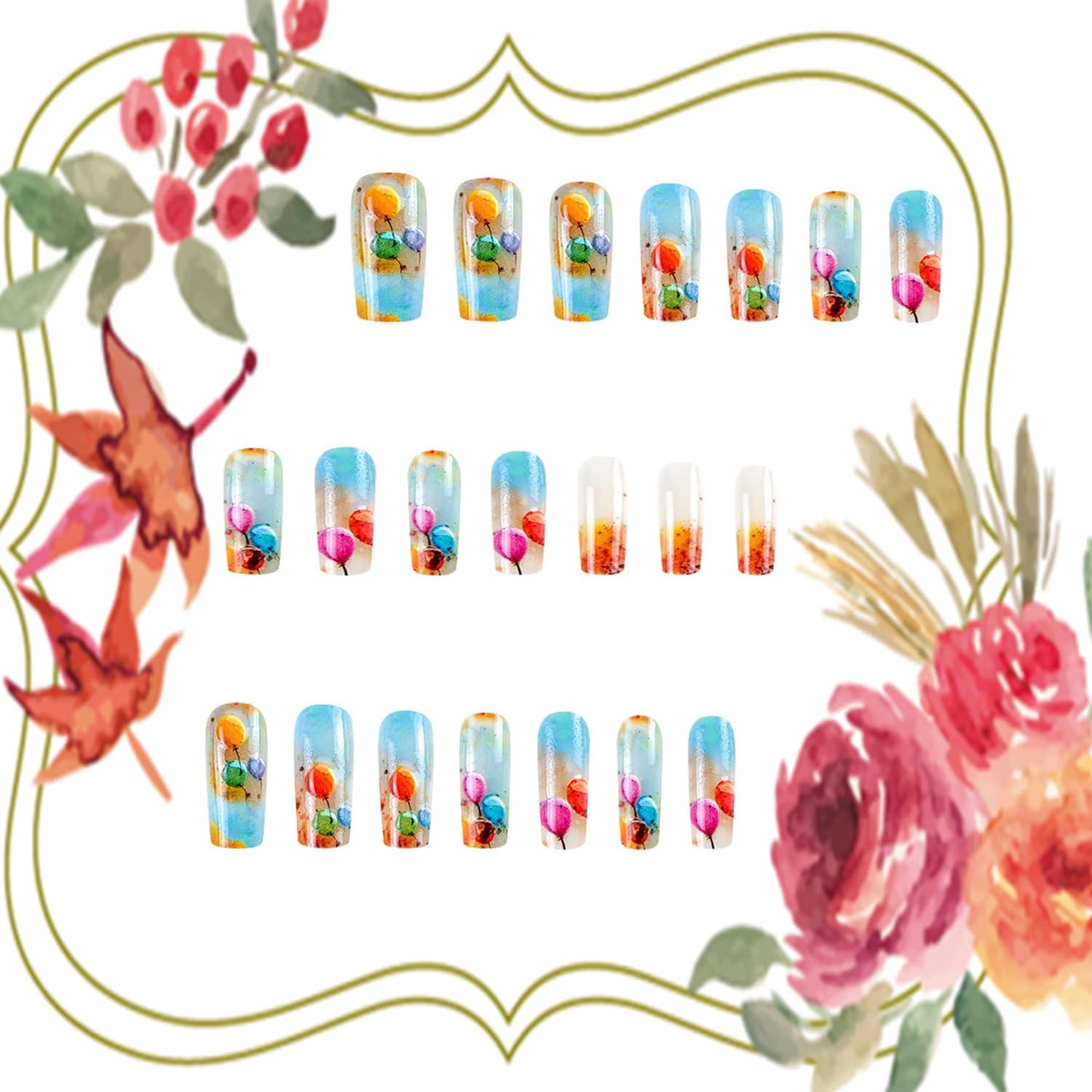 LOPMNGHT Colorful Ballon Press on Nails Medium Length Gradient French Stick on Nail Press Ons with Design Full Cover Artificial False Nail Glossy Reusable Acrylic Manicure Glue on Nails for Women