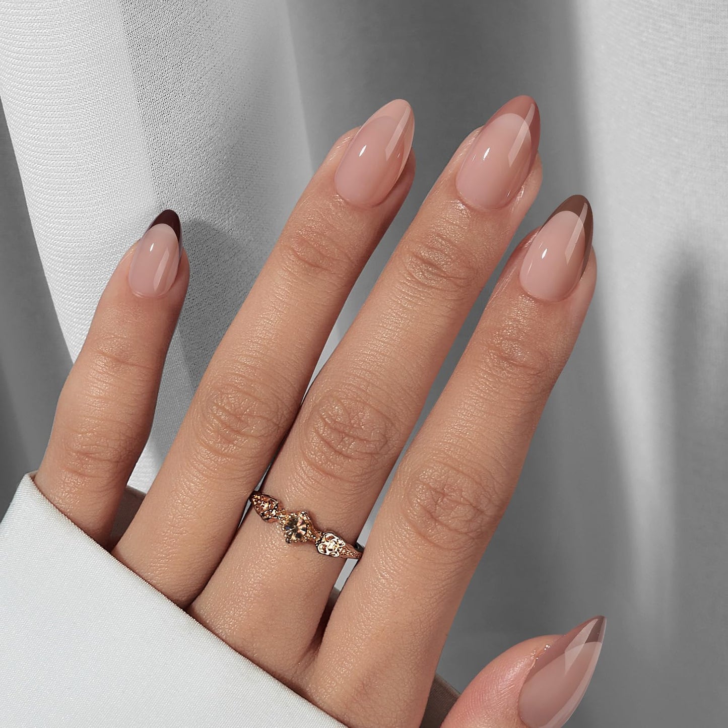 BTArtbox Almond Press On Nails - French Tip Press On Nails, Supremely Fit & Natural Glue On Nails with Nail Glue, Reusable Stick On Nails Soft Gel Fake Nails Kit, Morning Coffee & Dazzling Pink